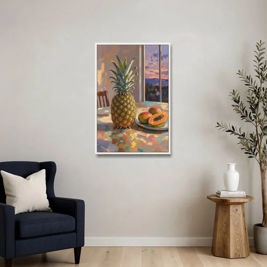 Pineapple and Papaya at Dusk for the Dining Room - White Framed Canvas Wall Art - Sofa - 24x36
