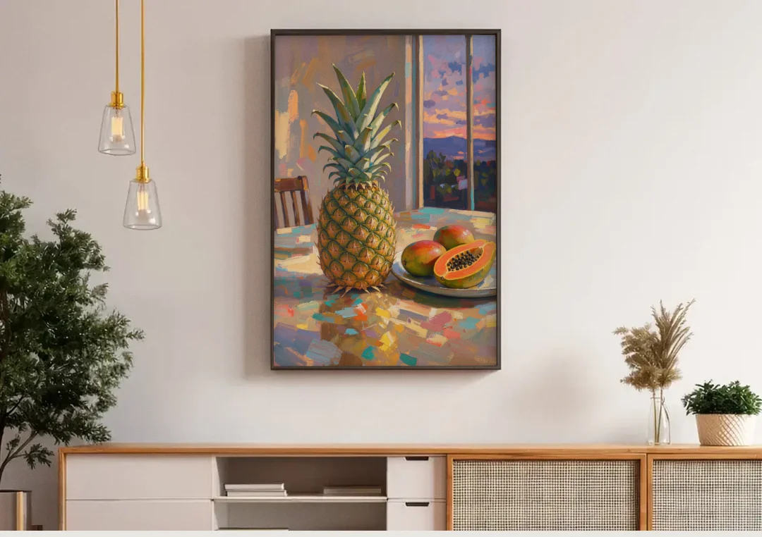 Pineapple and Papaya at Dusk for the Dining Room canvas wall art above a wooden sideboard under pendant lights