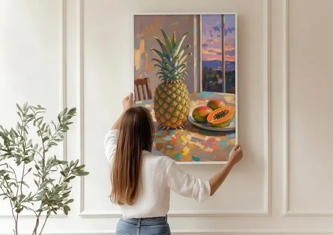 Pineapple and Papaya at Dusk for the Dining Room canvas wall art being hung on a paneled wall