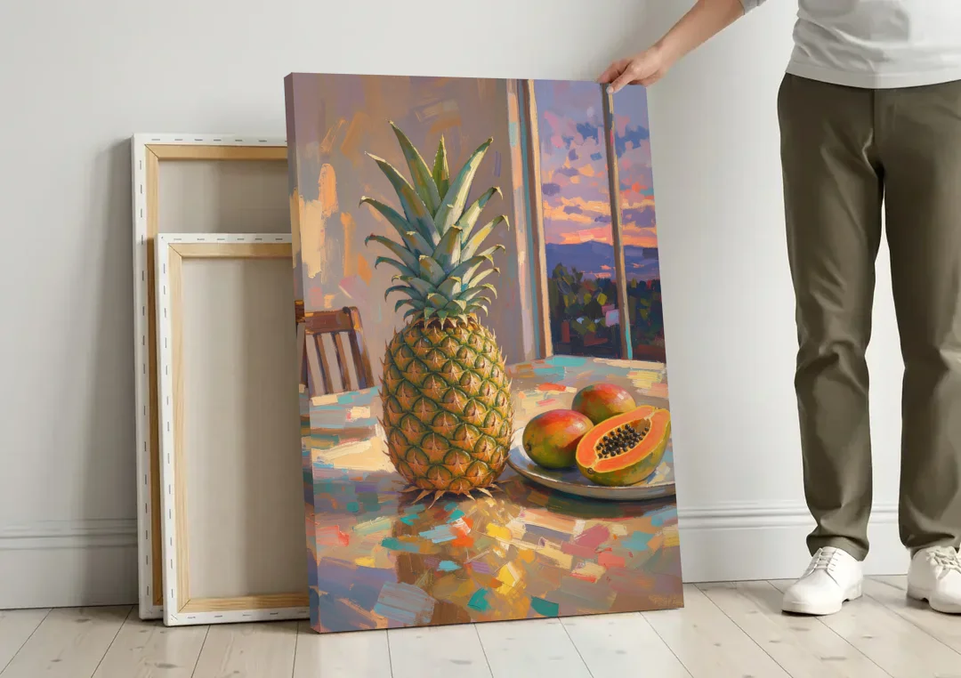 Pineapple and Papaya at Dusk for the Dining Room canvas wall art leaning against a wall next to blank canvases