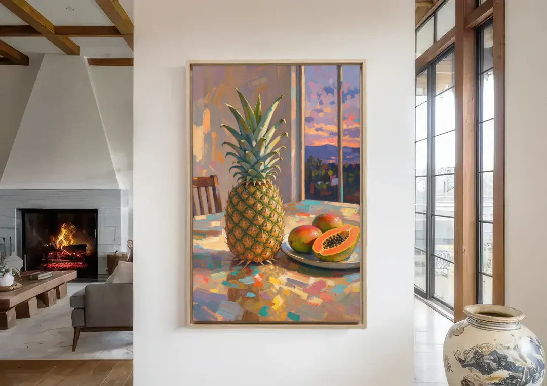 Pineapple and Papaya at Dusk for the Dining Room canvas wall art in a living room with a fireplace
