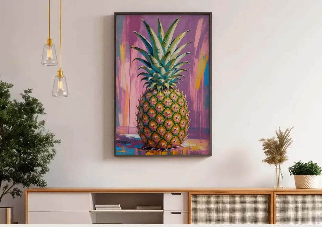 Pineapple Wall Art with a Flame Crown on Mauve canvas wall art above a wooden sideboard under pendant lights