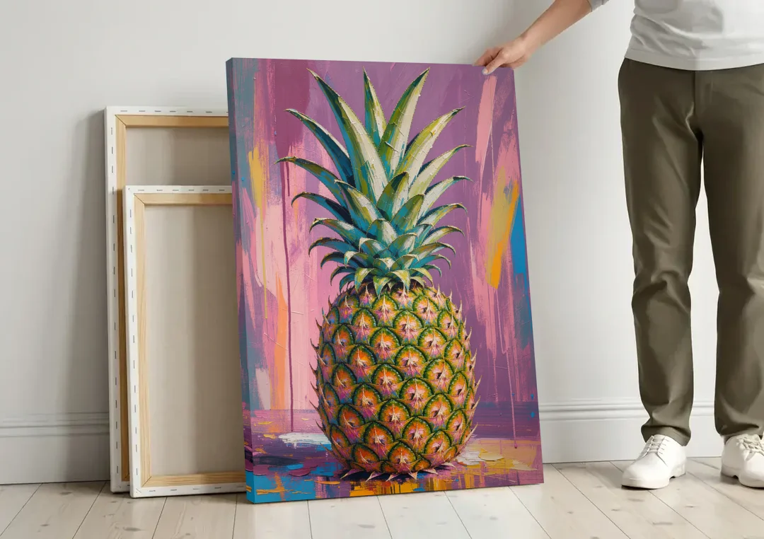Pineapple Wall Art with a Flame Crown on Mauve canvas wall art leaning against a wall next to blank canvases