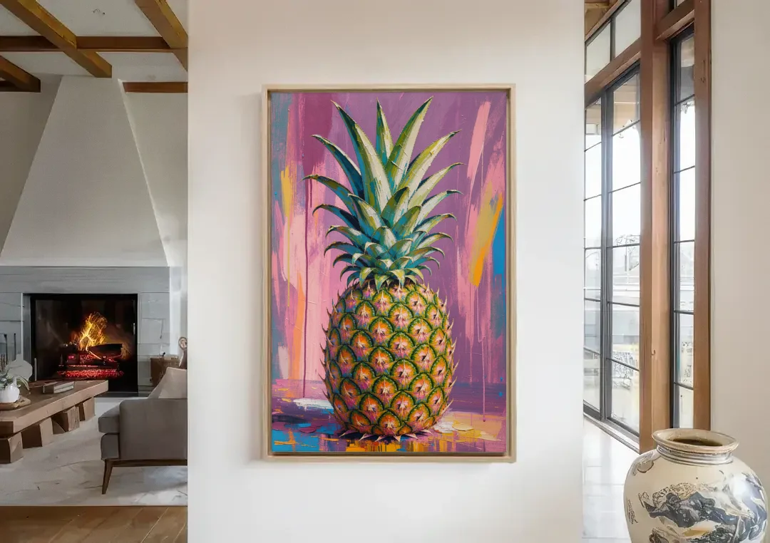 Pineapple Wall Art with a Flame Crown on Mauve canvas wall art in a living room with a fireplace