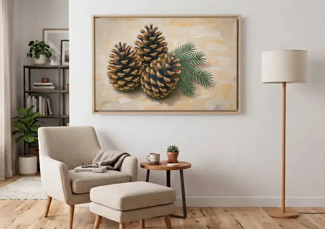 Pinecone Wall Art With a Sprig of Fir canvas wall art above an armchair in a bright living room