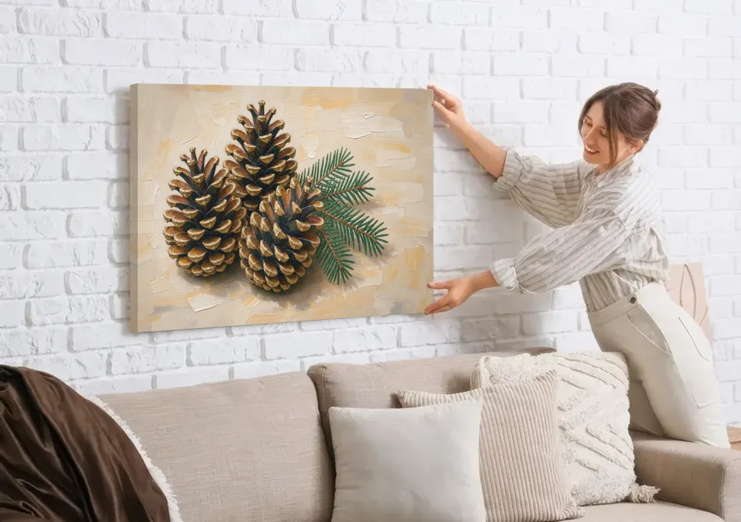 Pinecone Wall Art With a Sprig of Fir canvas wall art being hung on a white brick wall above a sofa