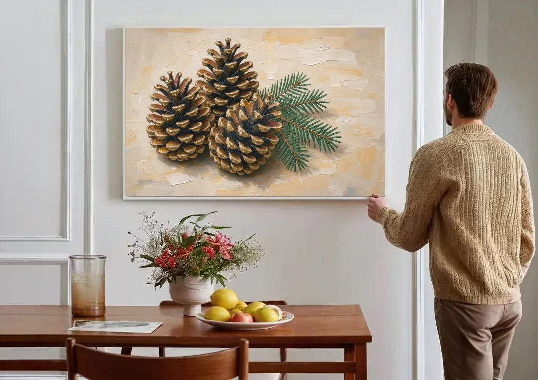 Pinecone Wall Art With a Sprig of Fir canvas wall art above a dining table