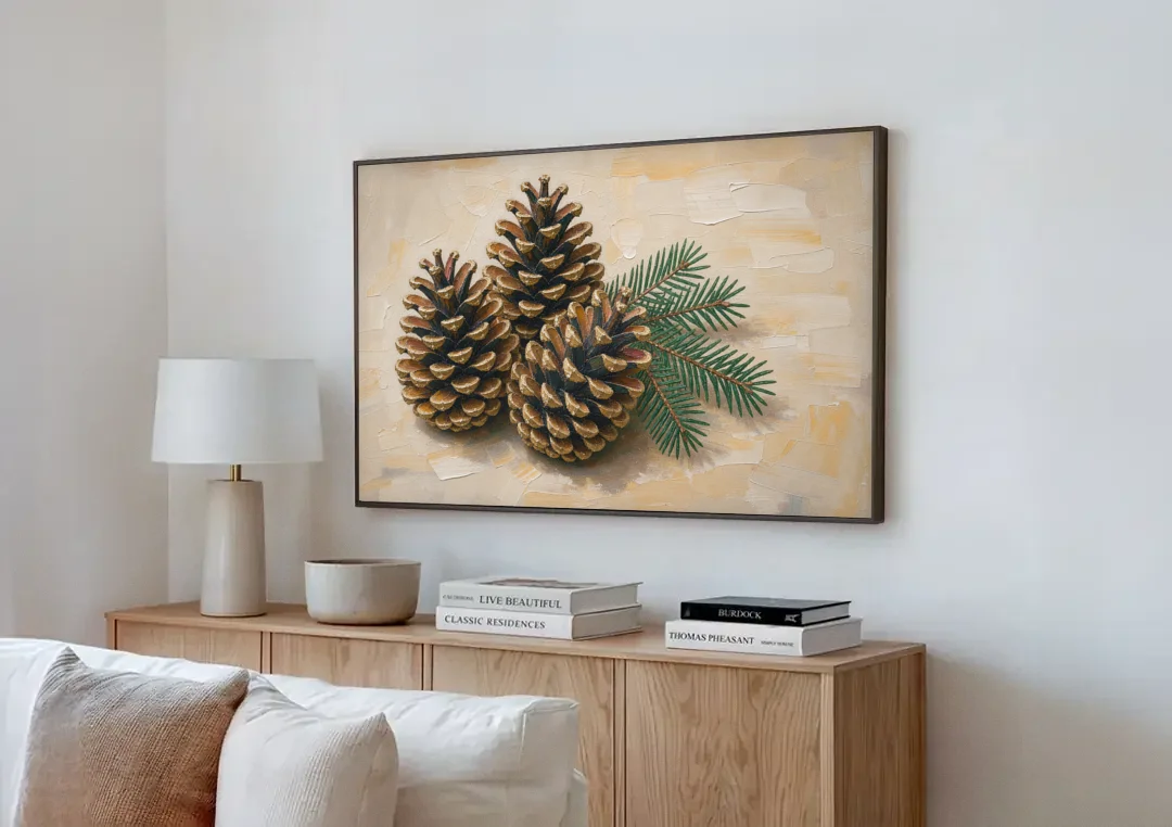 Pinecone Wall Art With a Sprig of Fir canvas wall art above a wooden sideboard next to a sofa