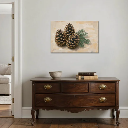 Pinecone Wall Art With a Sprig of Fir - Canvas Wall Art - Coffee Table - 36x24