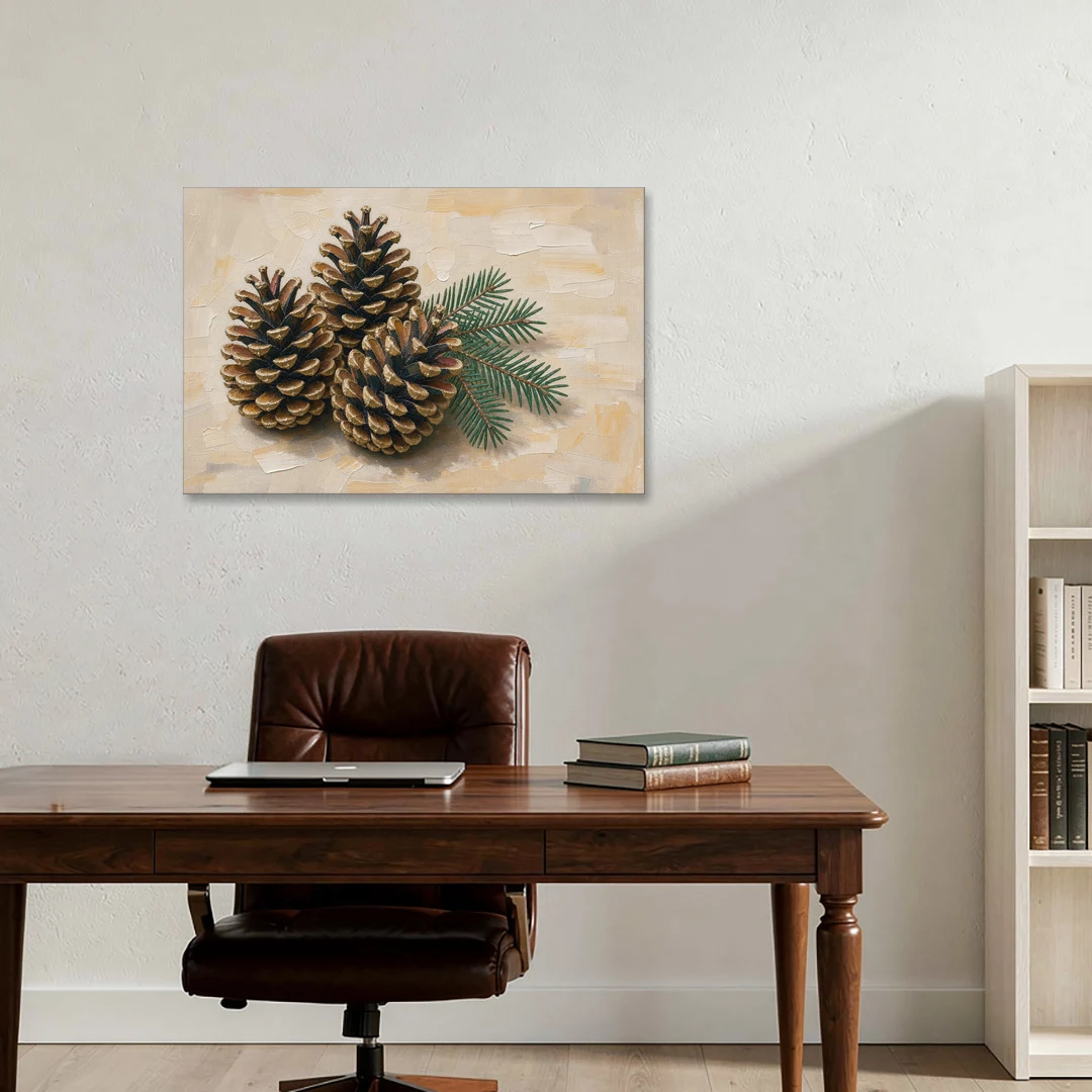 Pinecone Wall Art With a Sprig of Fir - Canvas Wall Art - Office - 36x24