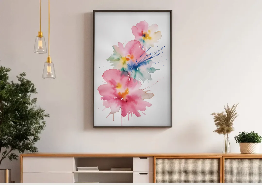 Pink Abstract Wall Art with Watercolor Blooms canvas wall art above a wooden sideboard under pendant lights