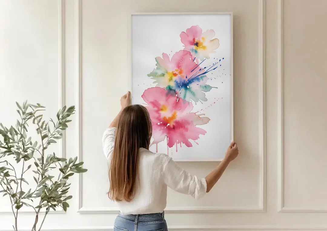Pink Abstract Wall Art with Watercolor Blooms canvas wall art being hung on a paneled wall