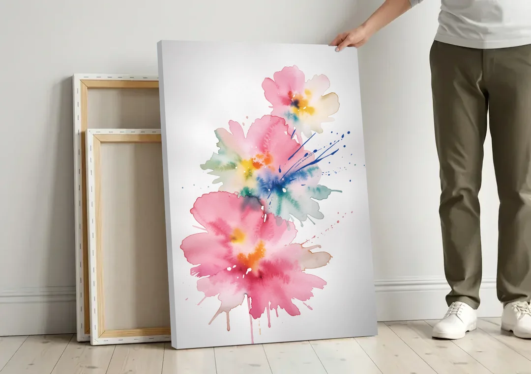 Pink Abstract Wall Art with Watercolor Blooms canvas wall art leaning against a wall next to blank canvases