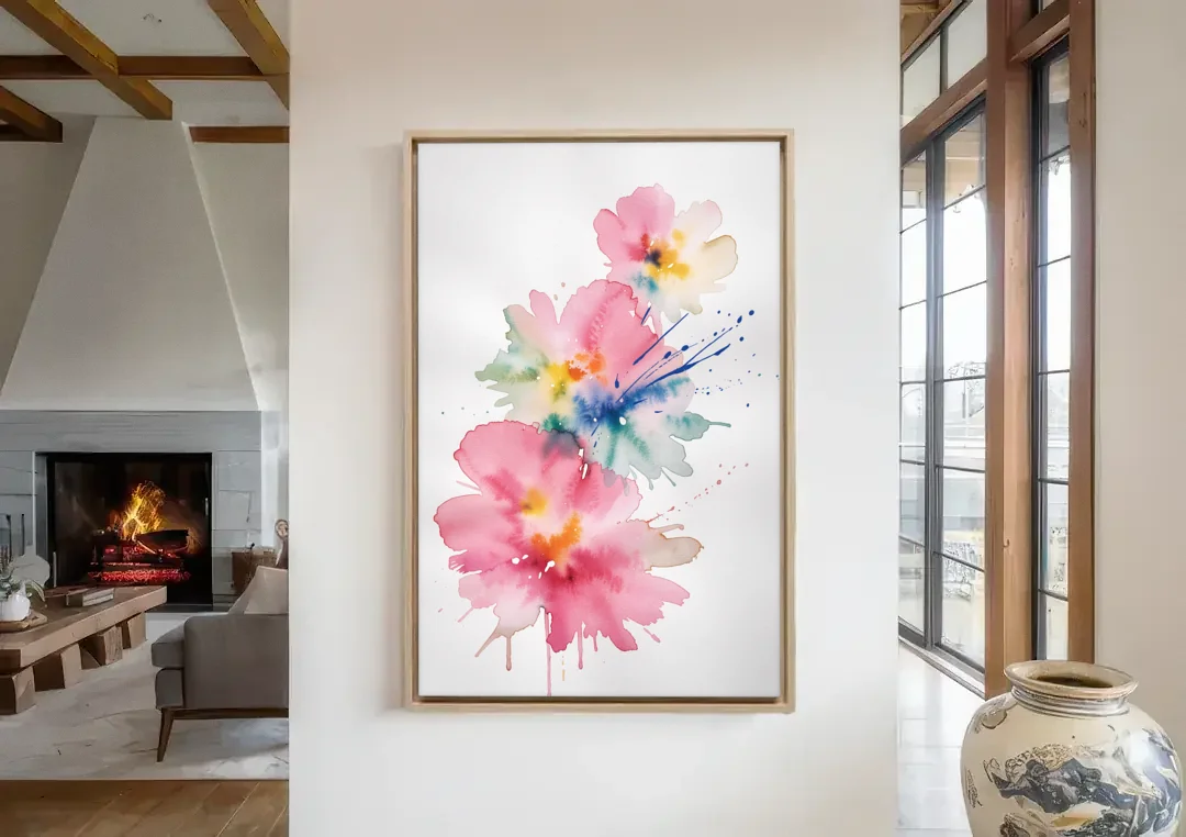 Pink Abstract Wall Art with Watercolor Blooms canvas wall art in a living room with a fireplace
