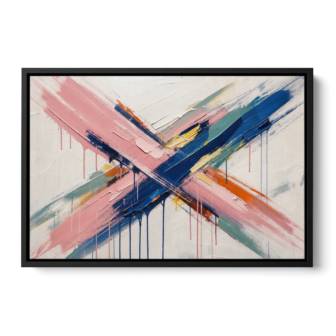 Pink and Blue Abstract Painting Crossed in Cobalt - Black Framed Canvas Wall Art - Front