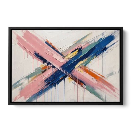 Pink and Blue Abstract Painting Crossed in Cobalt - Black Framed Canvas Wall Art - Front
