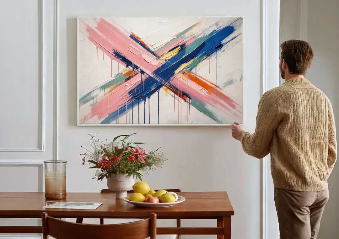 Pink and Blue Abstract Painting Crossed in Cobalt canvas wall art above a dining table