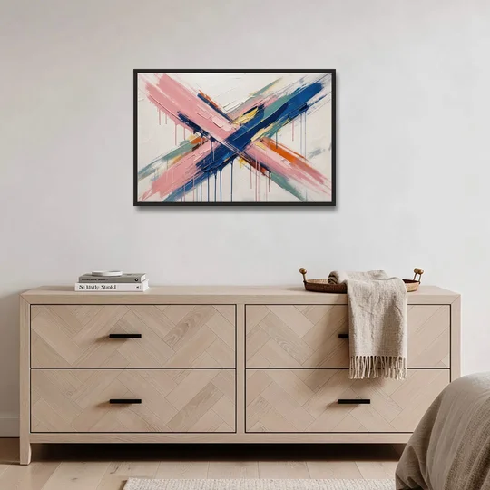 Pink and Blue Abstract Painting Crossed in Cobalt - Black Framed Canvas Wall Art - Coffee Table - 36x24
