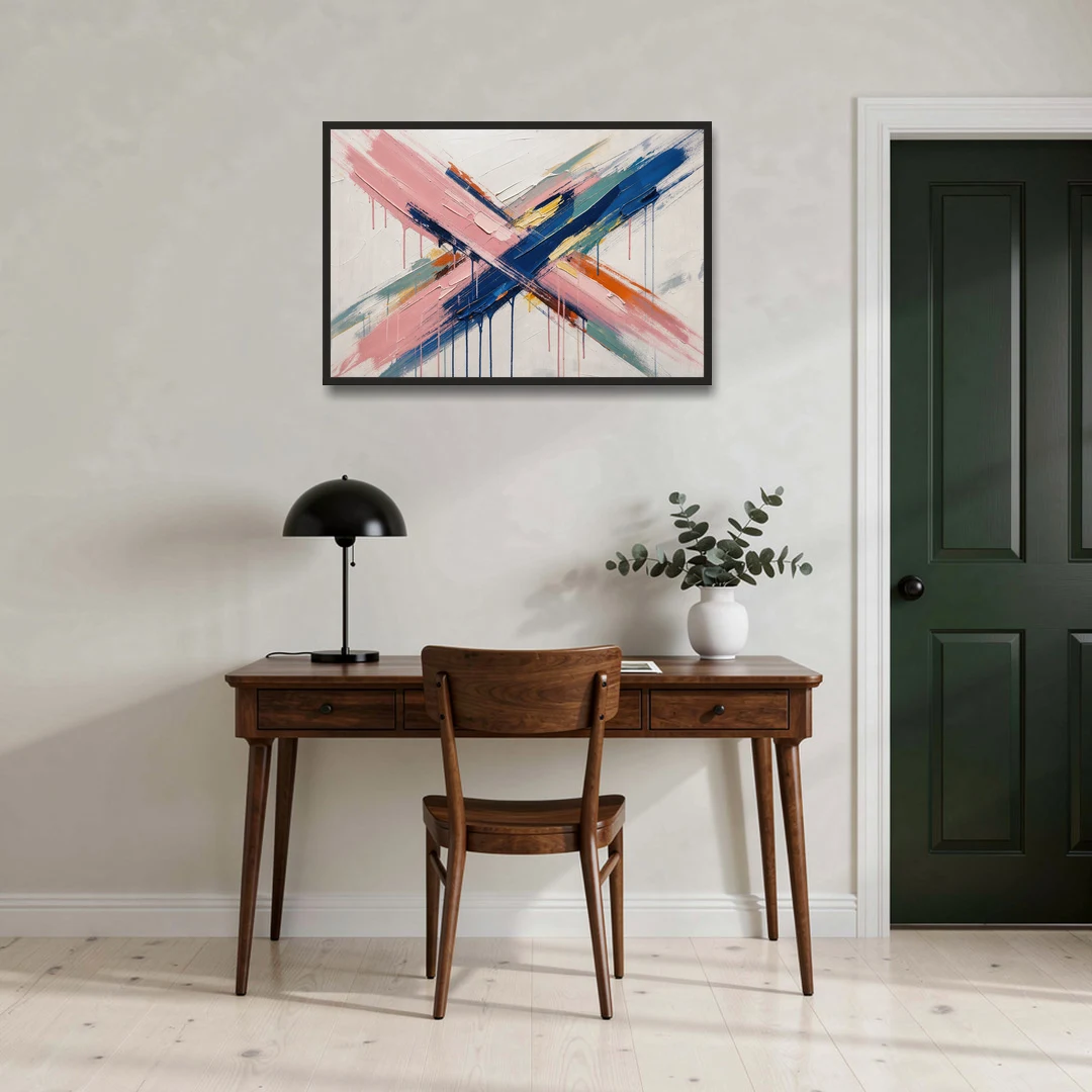 Pink and Blue Abstract Painting Crossed in Cobalt - Black Framed Canvas Wall Art - Office - 36x24