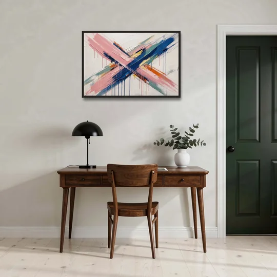 Pink and Blue Abstract Painting Crossed in Cobalt - Black Framed Canvas Wall Art - Office - 36x24