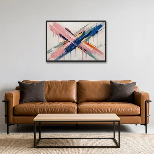 Pink and Blue Abstract Painting Crossed in Cobalt - Black Framed Canvas Wall Art - Sofa - 36x24