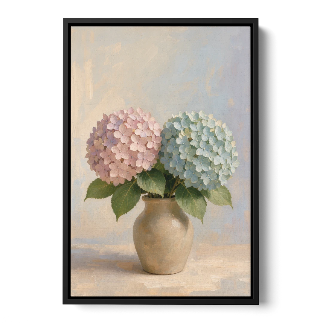 Pink and Blue Hydrangeas in a Sand Vase - Black Framed Canvas Wall Art - Front