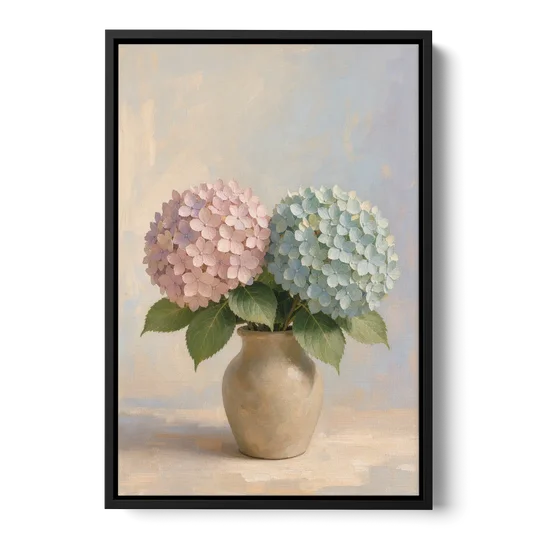 Pink and Blue Hydrangeas in a Sand Vase - Black Framed Canvas Wall Art - Front