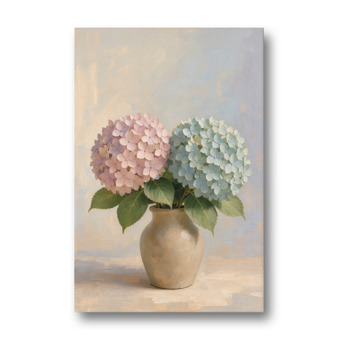 Pink and Blue Hydrangeas in a Sand Vase - Canvas Wall Art - Front
