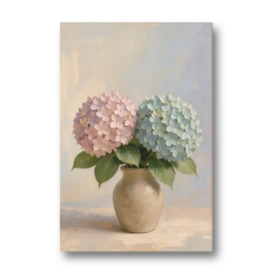 Pink and Blue Hydrangeas in a Sand Vase - Canvas Wall Art - Front