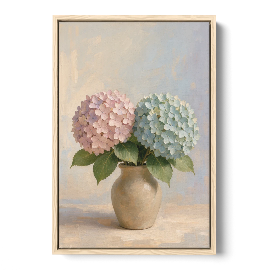 Pink and Blue Hydrangeas in a Sand Vase - Oak Framed Canvas Wall Art - Front