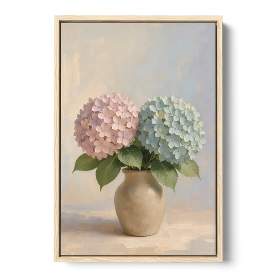 Pink and Blue Hydrangeas in a Sand Vase - Oak Framed Canvas Wall Art - Front