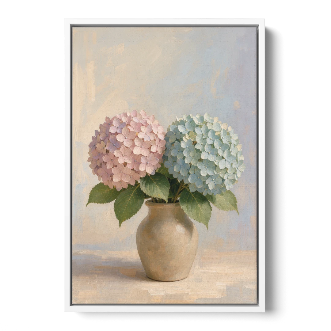 Pink and Blue Hydrangeas in a Sand Vase - White Framed Canvas Wall Art - Front