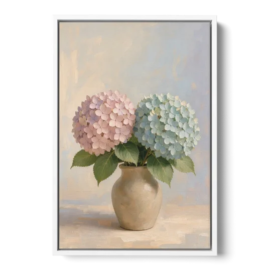 Pink and Blue Hydrangeas in a Sand Vase - White Framed Canvas Wall Art - Front