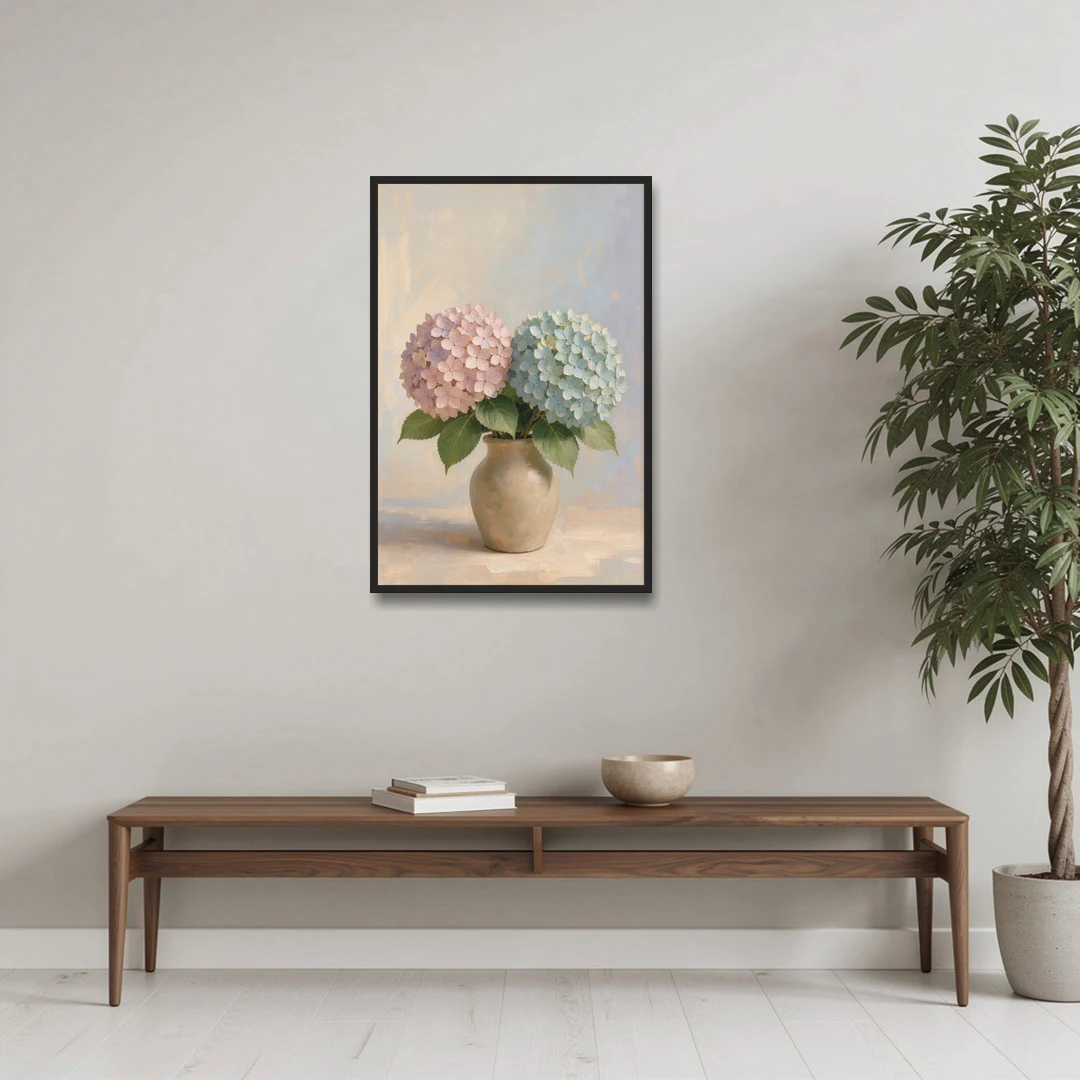 Pink and Blue Hydrangeas in a Sand Vase - Black Framed Canvas Wall Art - Coffee Table - 24x36
