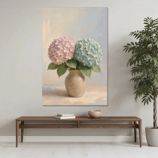 Pink and Blue Hydrangeas in a Sand Vase - Canvas Wall Art - Coffee Table - 40x60
