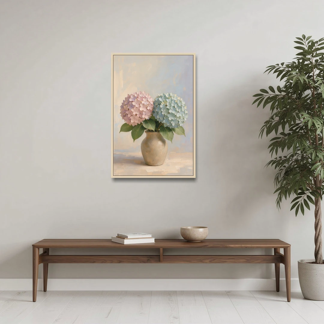 Pink and Blue Hydrangeas in a Sand Vase - Oak Framed Canvas Wall Art - Coffee Table - 24x36