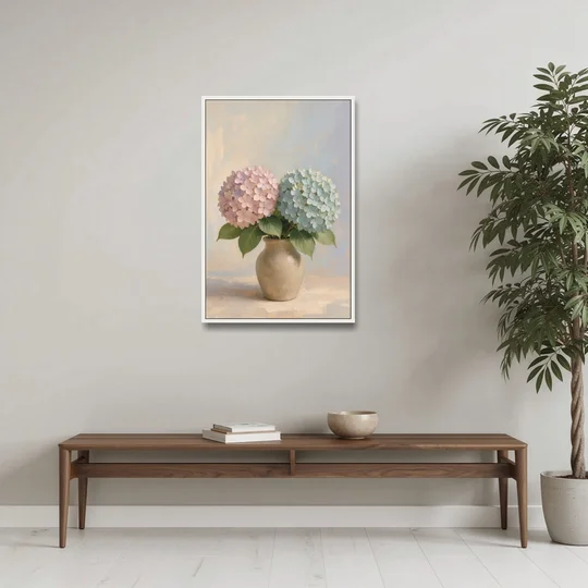 Pink and Blue Hydrangeas in a Sand Vase - White Framed Canvas Wall Art - Coffee Table - 24x36