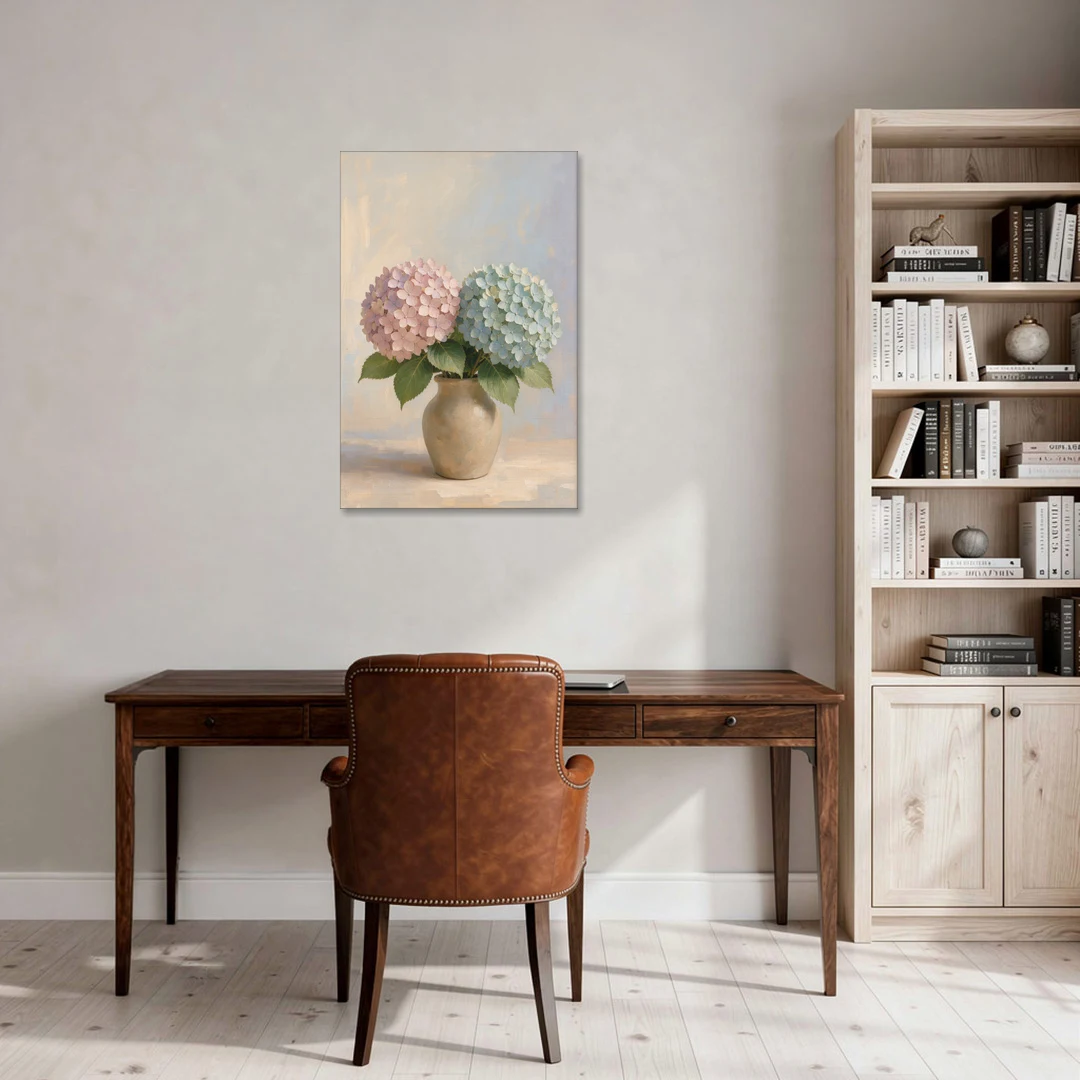 Pink and Blue Hydrangeas in a Sand Vase - Canvas Wall Art - Office - 24x36