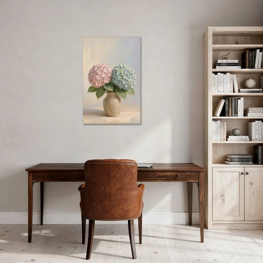 Pink and Blue Hydrangeas in a Sand Vase - Canvas Wall Art - Office - 24x36