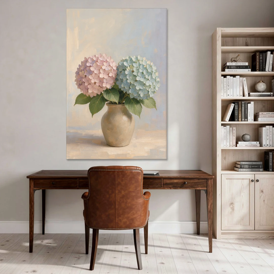 Pink and Blue Hydrangeas in a Sand Vase - Canvas Wall Art - Office - 40x60
