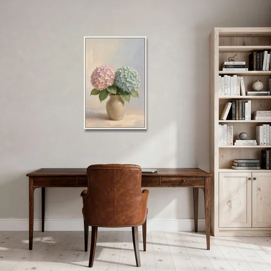 Pink and Blue Hydrangeas in a Sand Vase - White Framed Canvas Wall Art - Office - 24x36