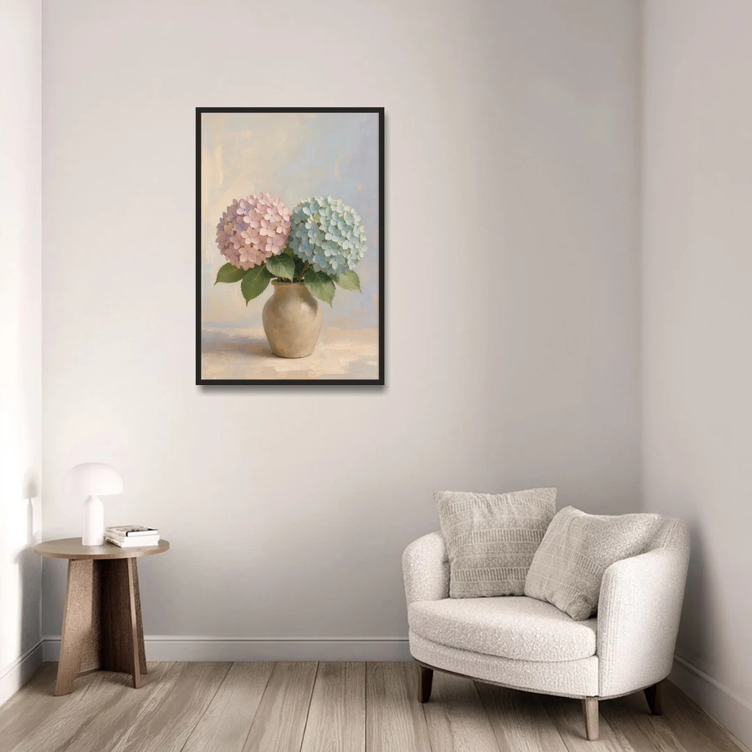 Pink and Blue Hydrangeas in a Sand Vase - Black Framed Canvas Wall Art - Sofa - 24x36