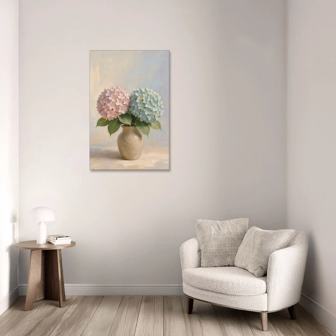 Pink and Blue Hydrangeas in a Sand Vase - Canvas Wall Art - Sofa - 24x36