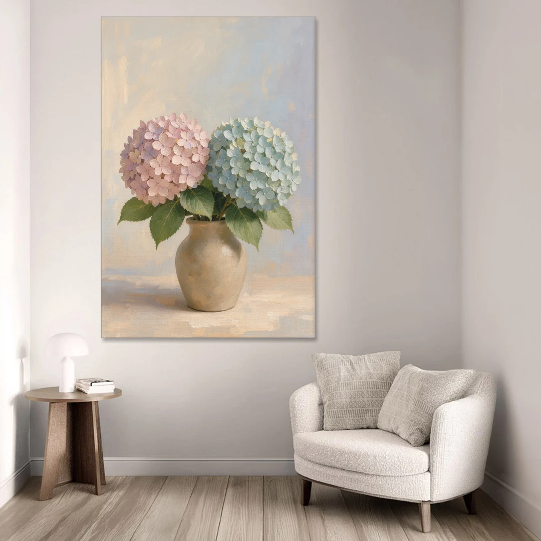 Pink and Blue Hydrangeas in a Sand Vase - Canvas Wall Art - Sofa - 40x60