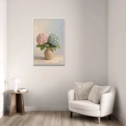 Pink and Blue Hydrangeas in a Sand Vase - White Framed Canvas Wall Art - Sofa - 24x36
