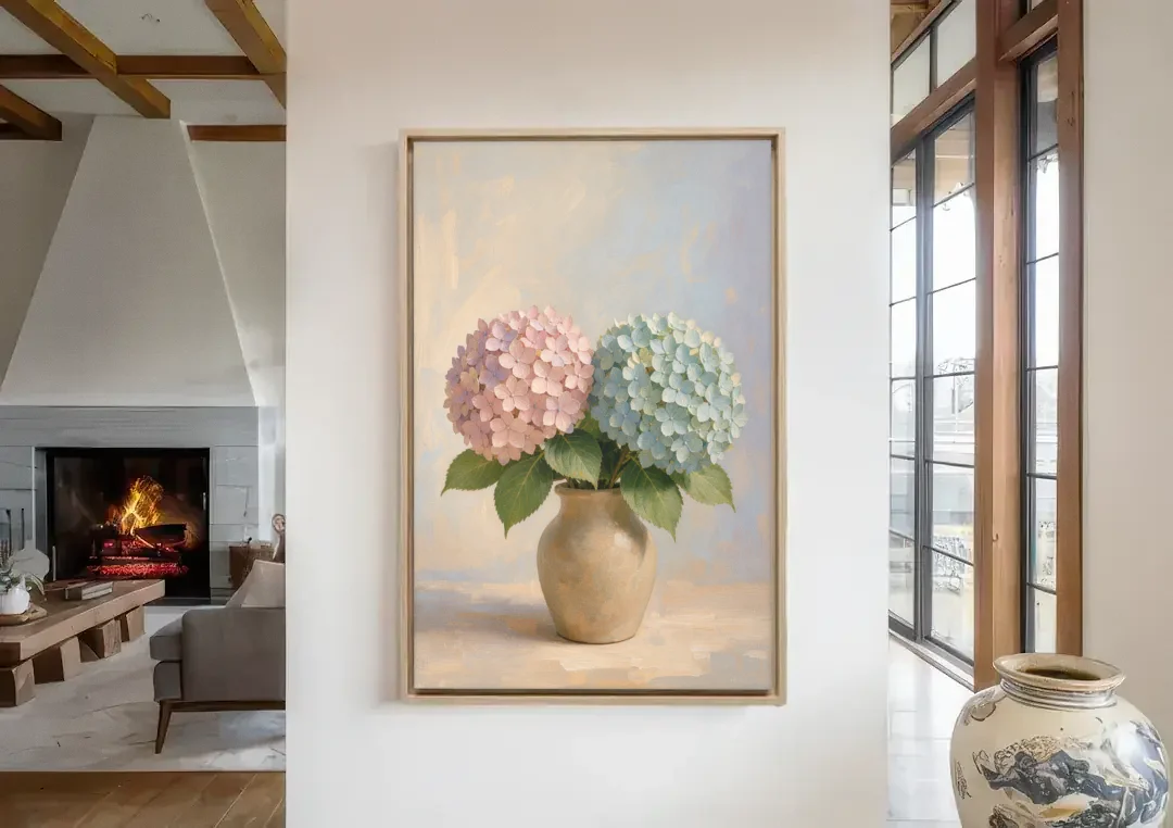 Pink and Blue Hydrangeas in a Sand Vase canvas wall art in a living room with a fireplace