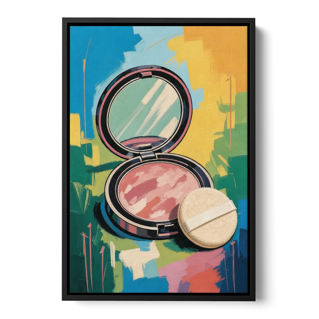 Pink Bathroom Wall Art with an Open Powder Compact - Black Framed Canvas Wall Art - Front