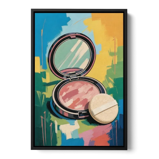 Pink Bathroom Wall Art with an Open Powder Compact - Black Framed Canvas Wall Art - Front