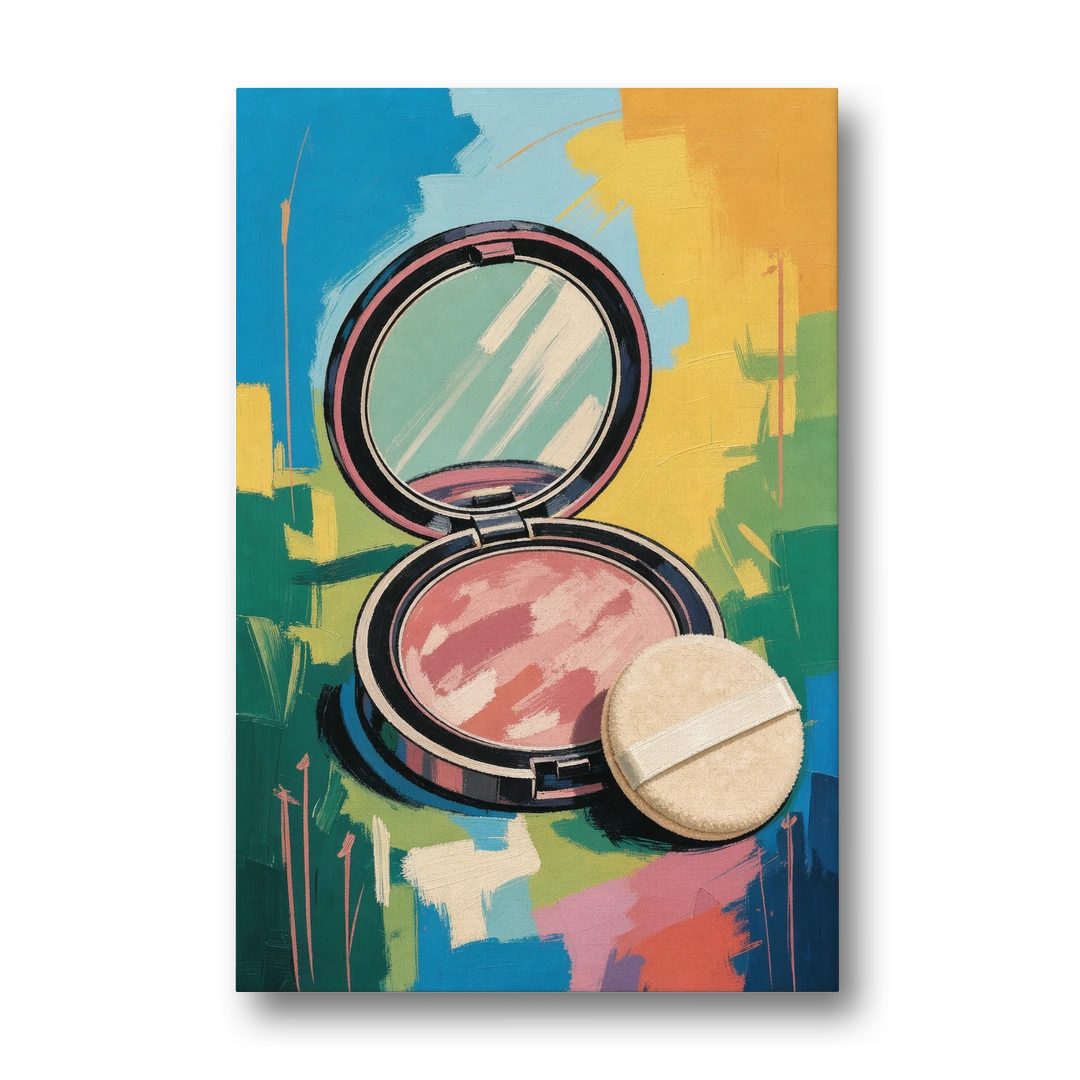 Pink Bathroom Wall Art with an Open Powder Compact - Canvas Wall Art - Front