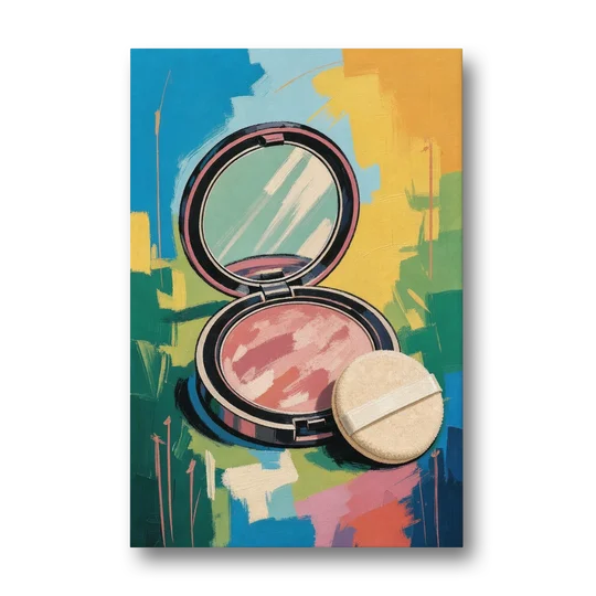 Pink Bathroom Wall Art with an Open Powder Compact - Canvas Wall Art - Front